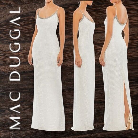 MAC DUGGAL Women’s Beaded Spaghetti Strap Column Gown in the Size 6 in White - Picture 1 of 16